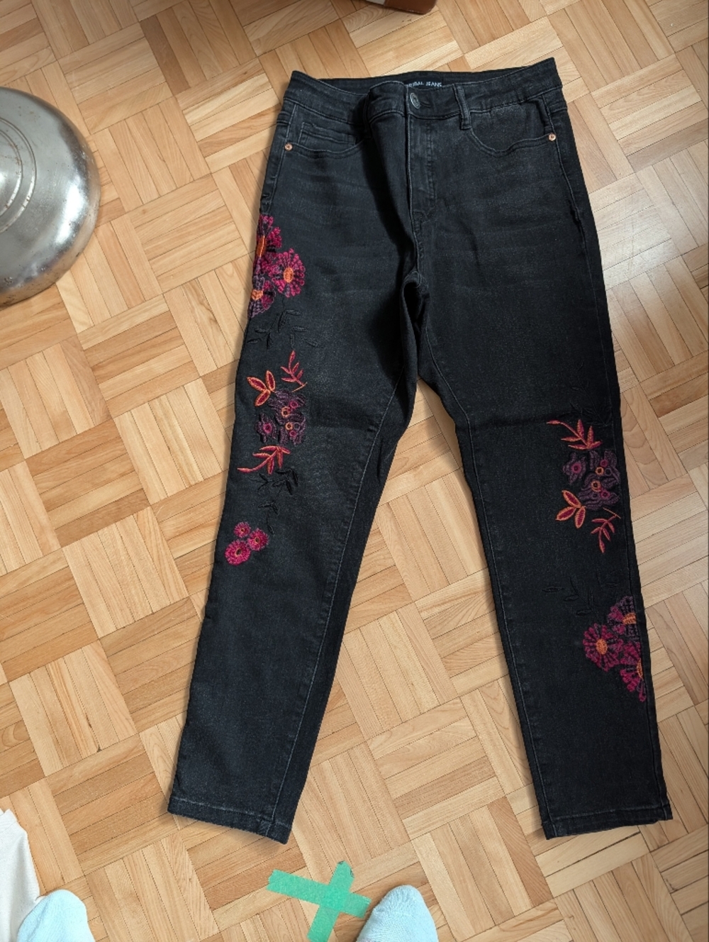 Tribal Black Straight-Leg Jeans with Pink & Purple Floral Embroidery